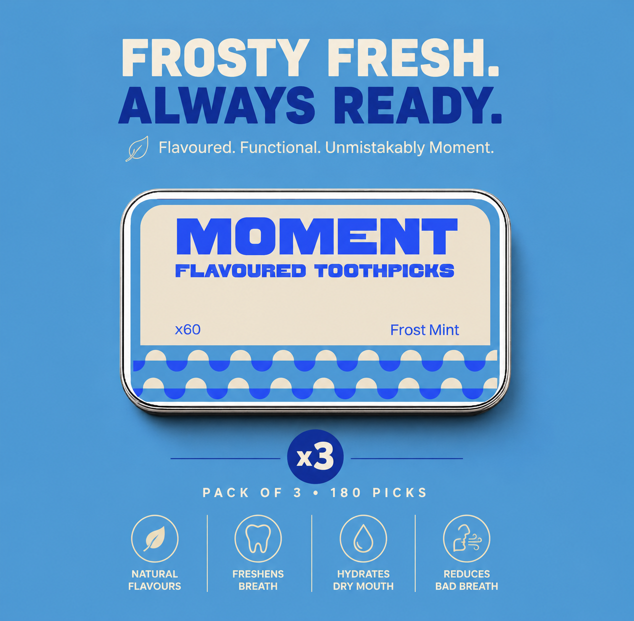 Moment Frost Mint Flavoured Toothpicks – Pack of 3 Tins (180 Picks)